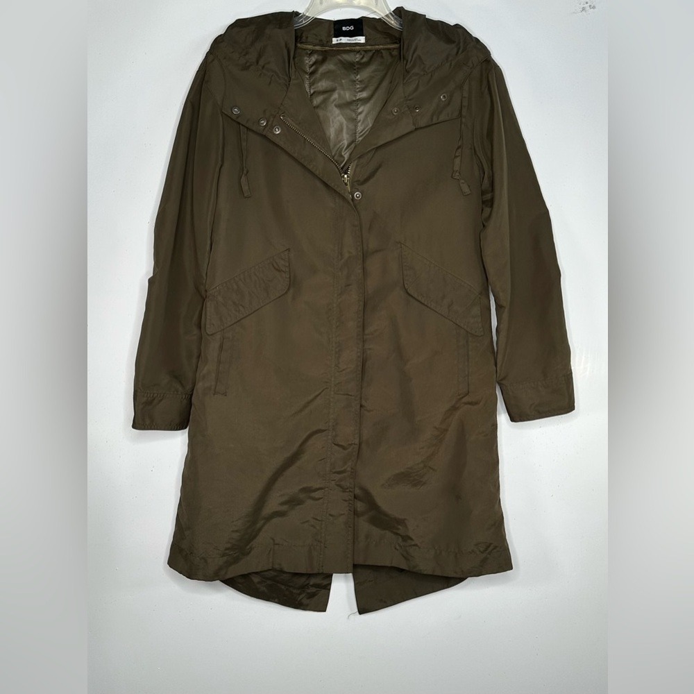 BDG Longline Parker Jacket Snap & Ziper‎ Front Split Tail Hem Olive Green Sz SP